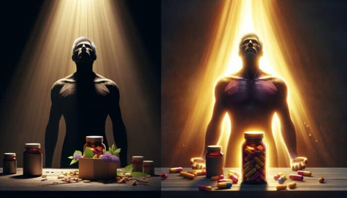 A fatigued individual in a dimly lit space discovers a vibrant supplement bottle, undergoing a transformation into an energetic, joyful figure illuminated by warm golden light.
