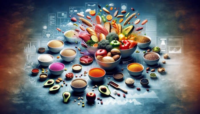 Nutrition and Daily Energy Levels: A vibrant table setting with bowls of colorful foods representing macronutrients: grains, lean meats, and avocados.