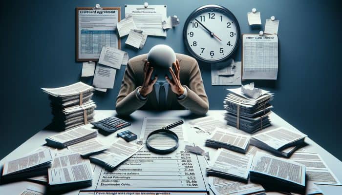Combining Debt Consolidation With Balance Transfers: UK Guide | DCL A stressed person at a cluttered desk with financial documents, a clock showing a missed deadline, and a magnifying glass over fine print on a credit card agreement, highlighting hidden fees.