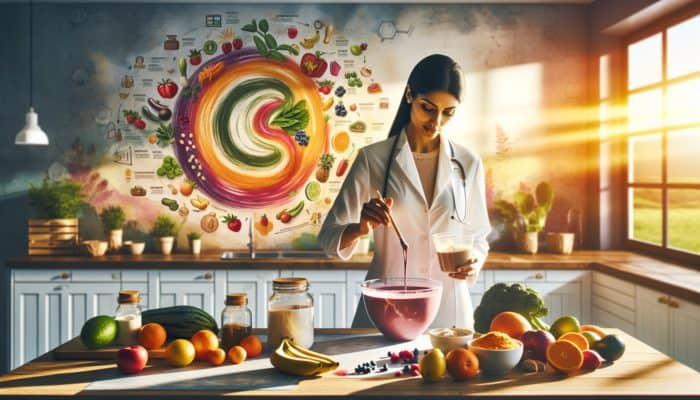 Nutritionist skillfully blends protein powder into a smoothie bowl in a sunlit kitchen, surrounded by fresh ingredients.