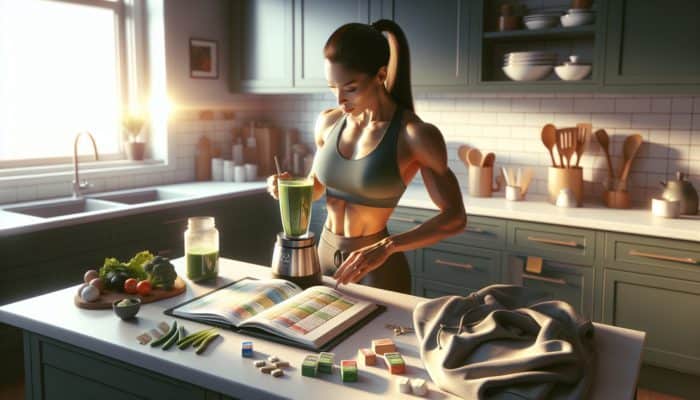 A fit woman prepares a nutrient-rich green protein smoothie at dawn, with workout gear and an open food diary nearby.